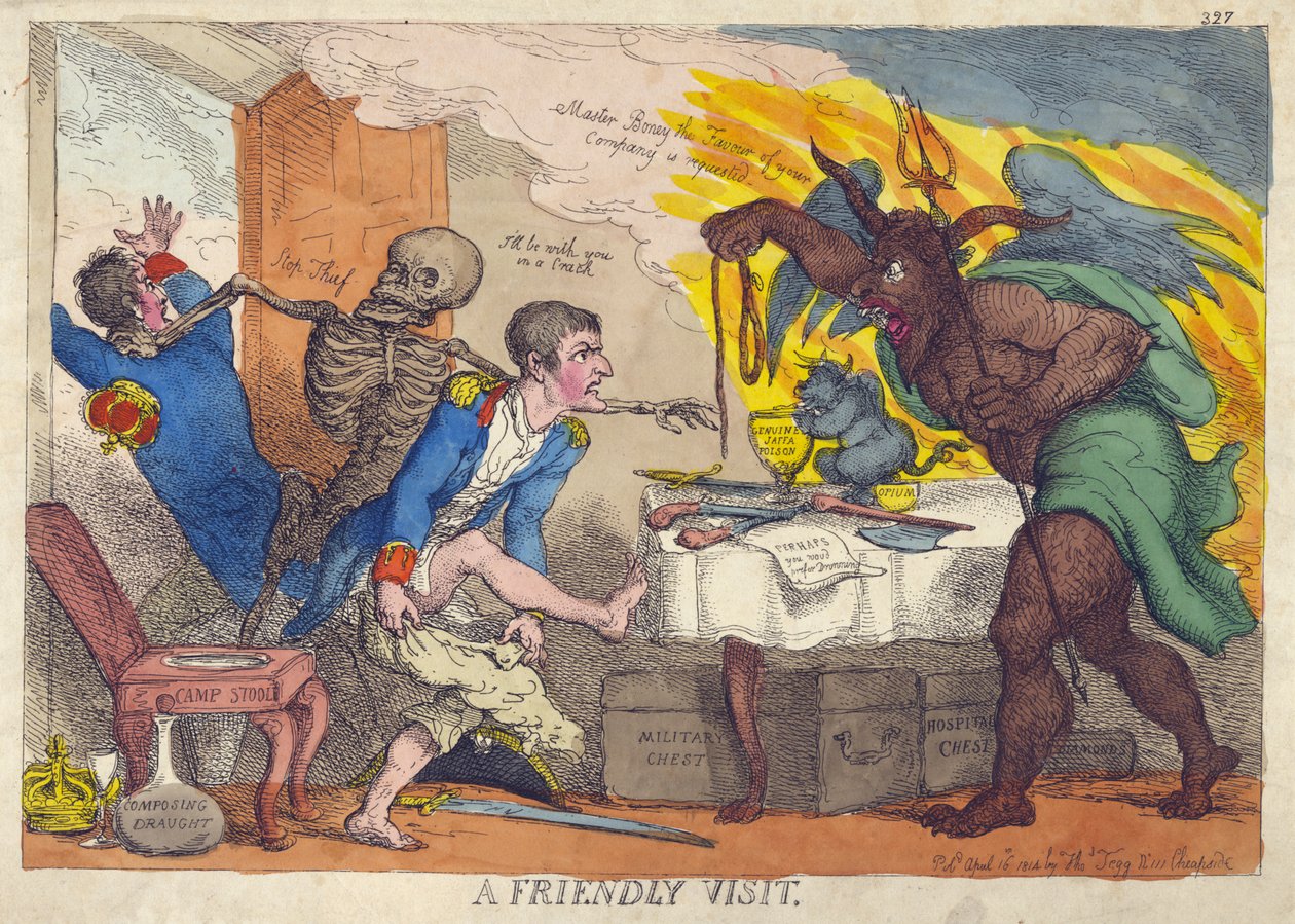 PŘÁTELSKÁ NÁVŠTĚVA, satira na Napoleonovu porážku, abdikaci a odchod na Elbu od Thomas Rowlandson