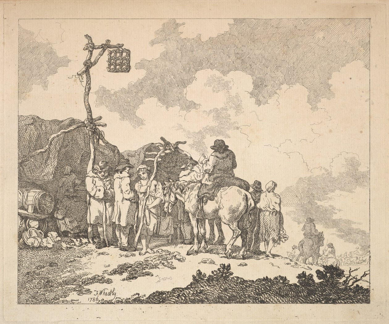 Jarmark - Skupina Cikánů - Muži a ženy v rustikálním oblečení před dvěma provizorními..., 1786. od Thomas Rowlandson