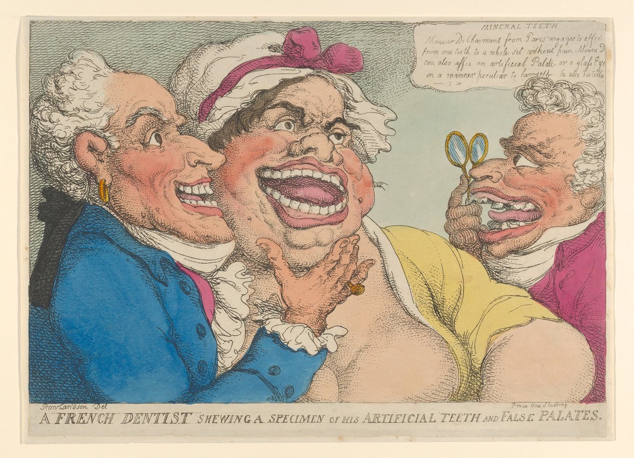 Francouzský zubař ukazující vzorek svých umělých zubů a falešného patra, 1811., 1811. od Thomas Rowlandson