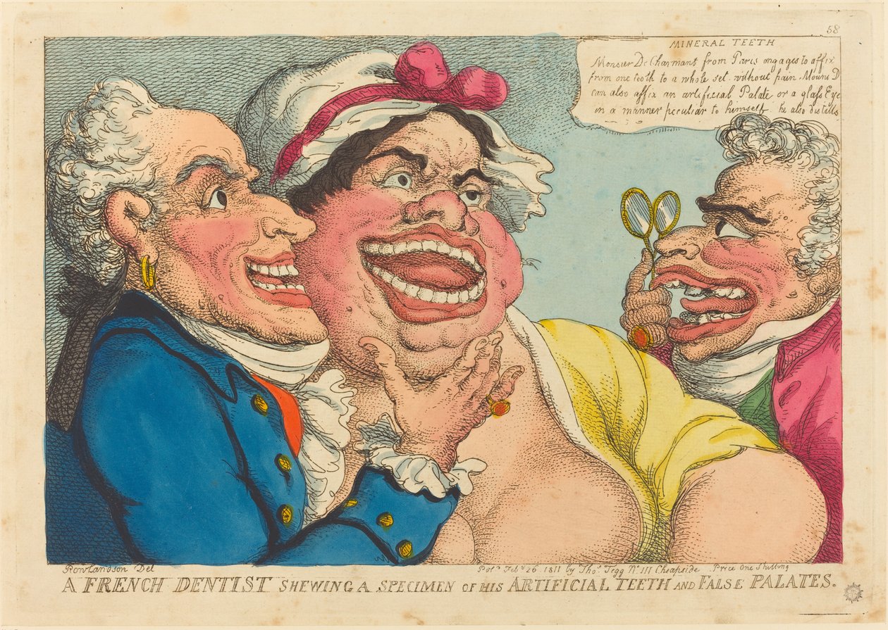 Francouzský zubař ukazující vzorek svých umělých zubů a falešného patra od Thomas Rowlandson