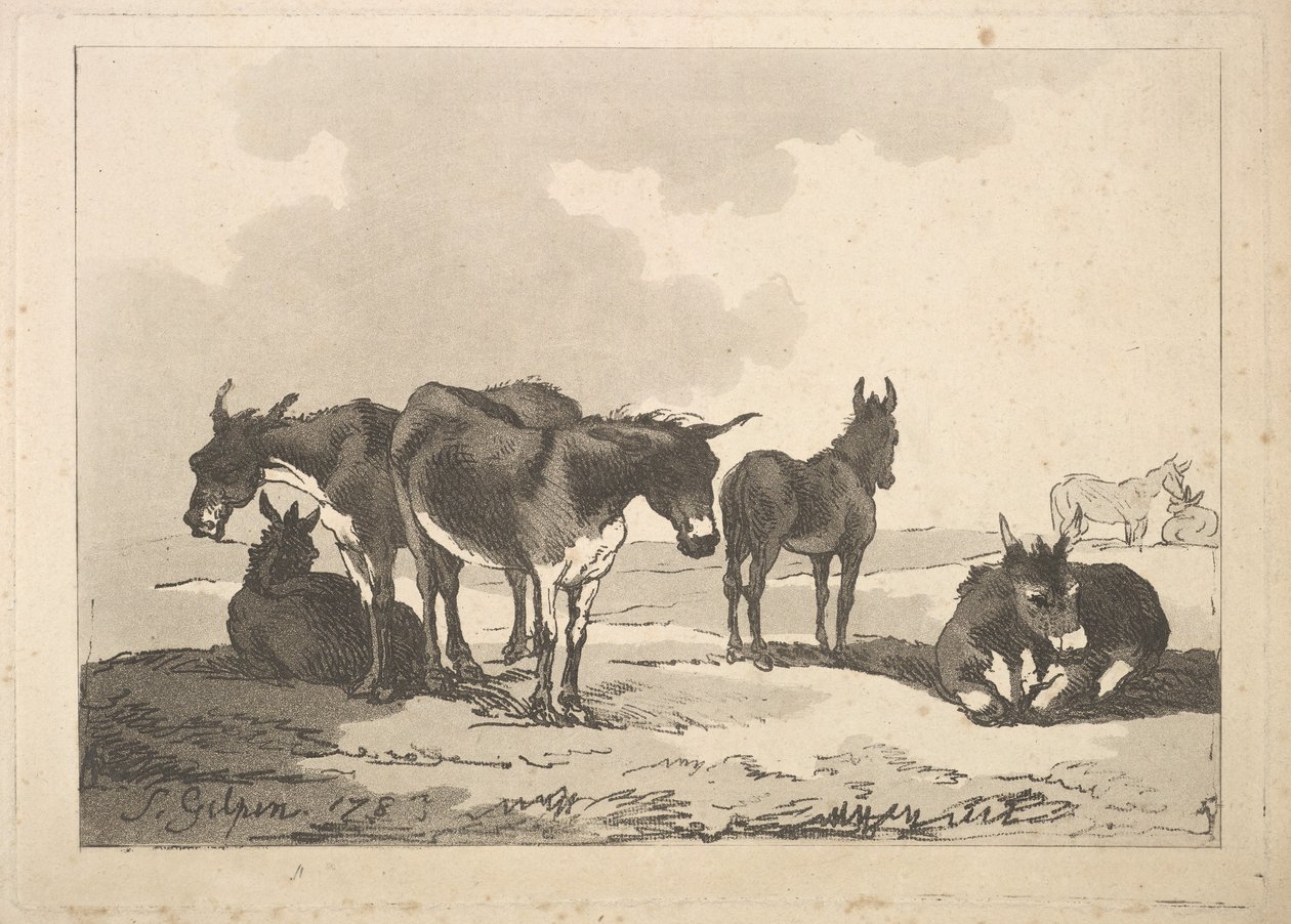 Skupina pěti oslů, tři stojící, dva ležící, 1783-87. od Thomas Rowlandson