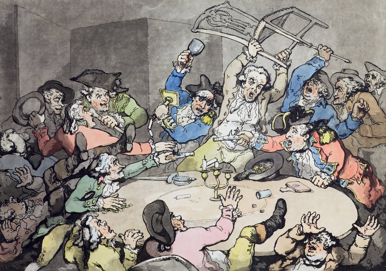 Kick Up u Hazard Table, hospoda. od J. Harrise, 1787 (barevný lept s akvatintou) od Thomas Rowlandson