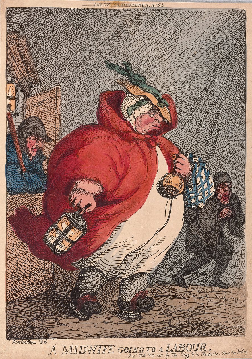 Porodní asistentka jdoucí do porodnice, hospoda. 1811 (ručně kolorovaná rytina) od Thomas Rowlandson