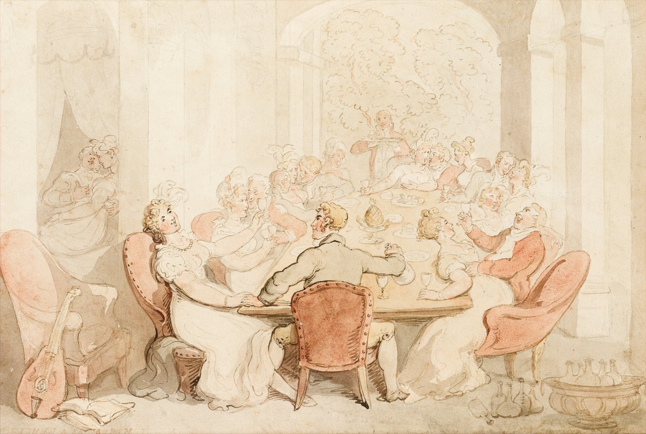 Bouřlivý oběd ve venkovském domě (inkoust a barva na papíře) od Thomas Rowlandson