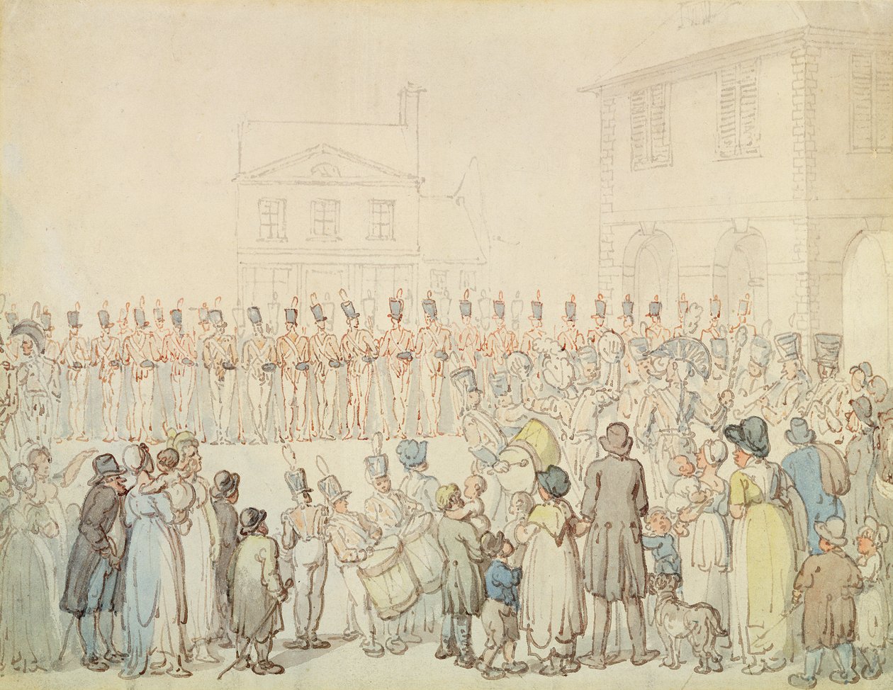 Recenze milice Northamptonshire v Brackley, Northants (pero a inkoust s akvarelem na papíře) od Thomas Rowlandson