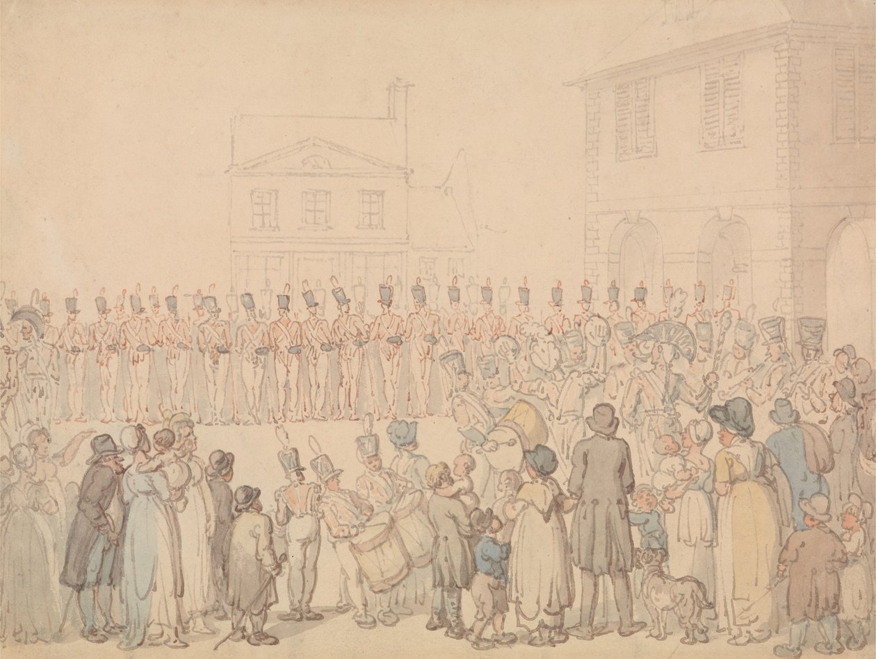 Přehled o milici z Northamptonu v Brackley od Thomas Rowlandson