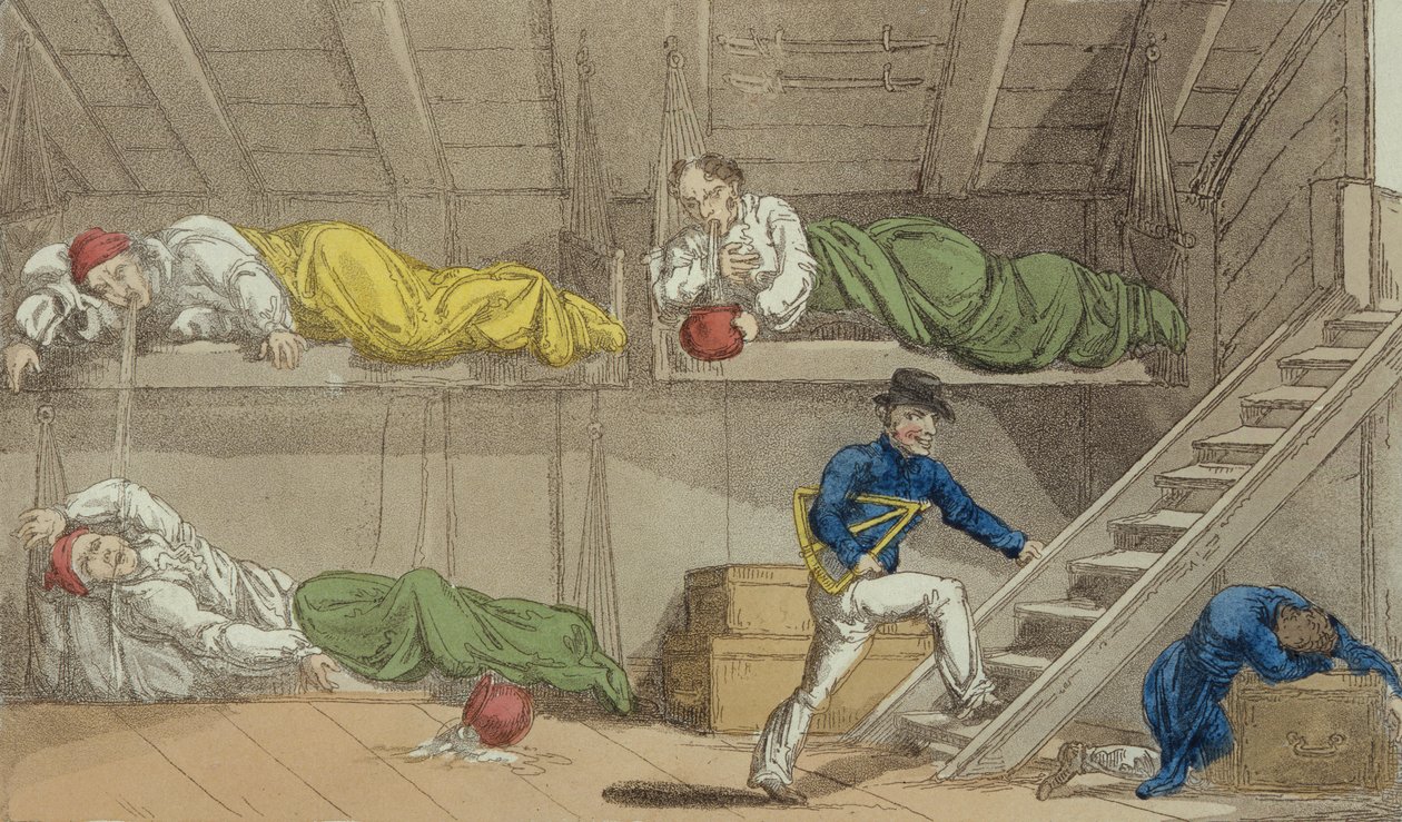 Scéna v kanálu, z The Grand Master, nebo Adventures of Qui Hi? v Hindostánu. A Hudibras Poem in Eight Cantos by Quiz, William Combe (1741-1823) publikoval Thomas Tegg, Londýn, 1815 (aqua od Thomas Rowlandson