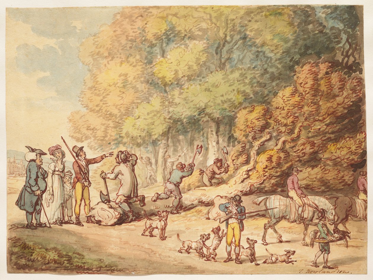 Lovec s rodinou dává dřevorubcům pokyny, aby rozřezali pokácený strom od Thomas Rowlandson