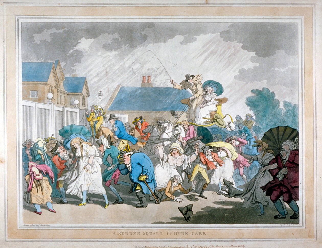 „Náhlá bouře v Hyde Parku“, Londýn, 1791 od Thomas Rowlandson
