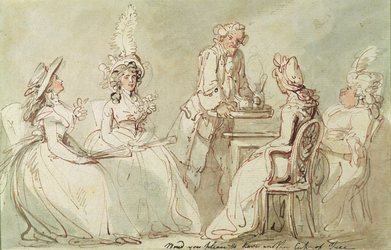 Tea Party (pero a inkoust, tužka a w/c na papíře položeném na paspartě) (recto of 238964) od Thomas Rowlandson