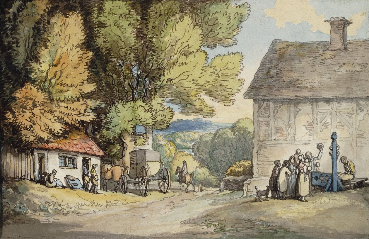Village Green: Kočár zastavený pod stromem, s mužem v zásobách a skupinou přihlížejících, od Thomas Rowlandson