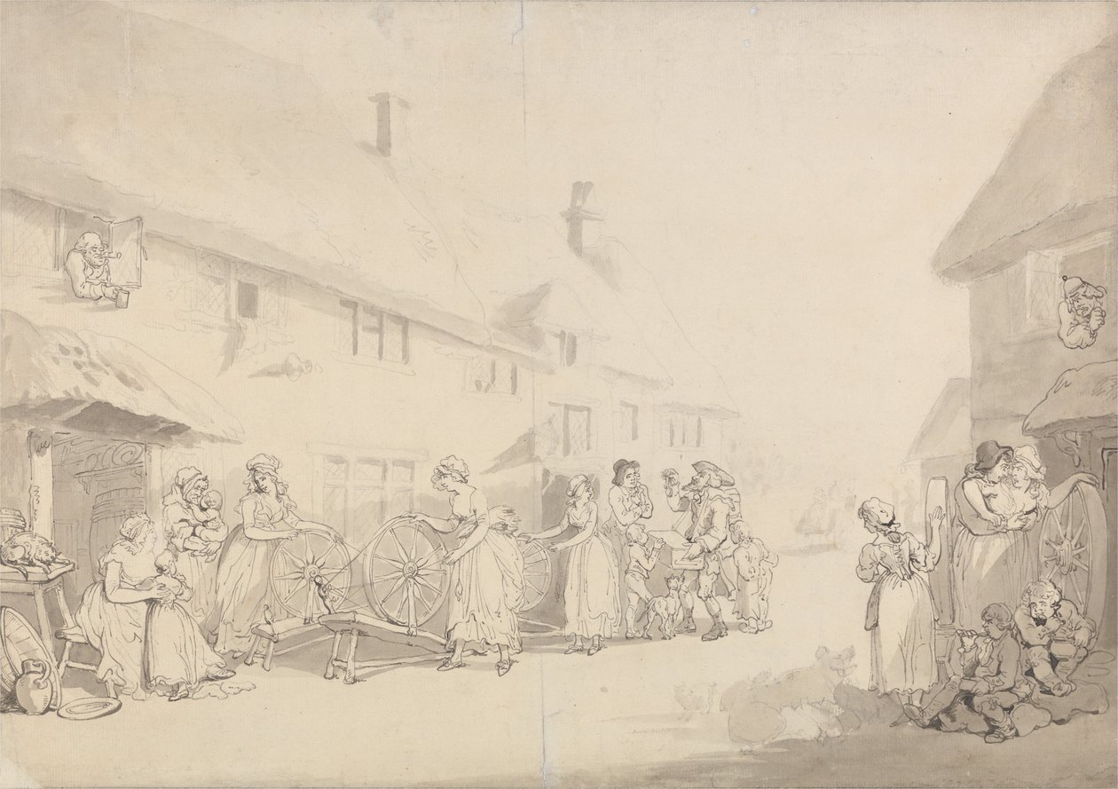 Vesnická scéna s dívkami při předení od Thomas Rowlandson