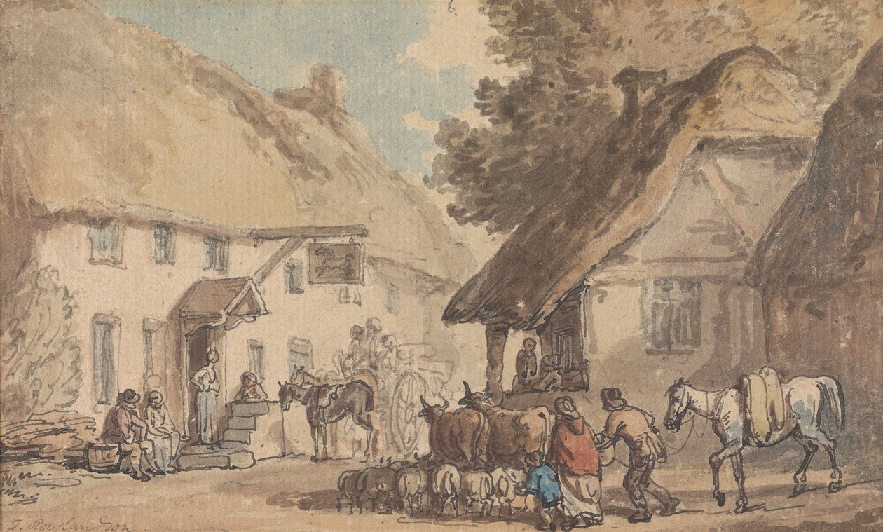Vesnická ulice, po které se žene stádo skotu a ovcí od Thomas Rowlandson
