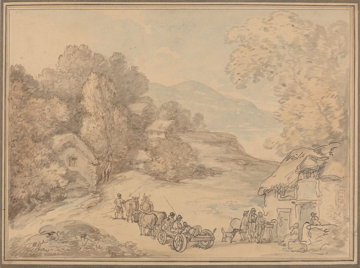 Vesnice v kopcovité krajině od Thomas Rowlandson