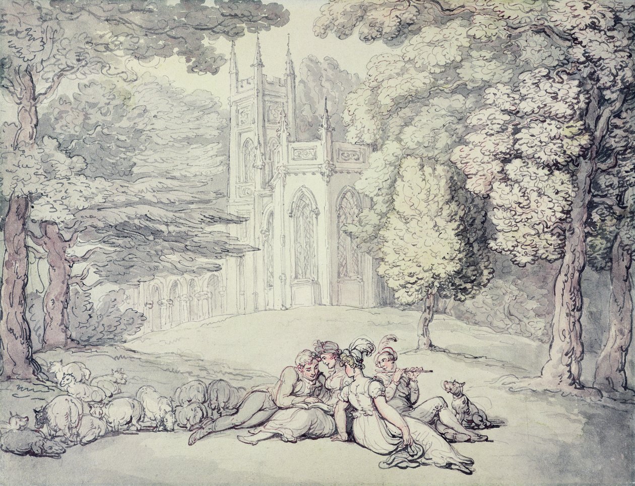 Vysokoškolský zelený se skupinou dívek a mladých gentlemanů v popředí, kolem 1810-15 (pero, inkoust a akvarel přes tužku na papíře) od Thomas Rowlandson