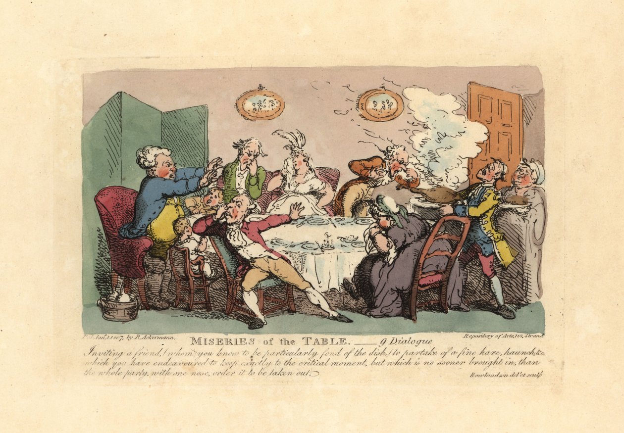 Večeře zničená příchodem páchnoucího pokrmu ze zvěřiny. od Thomas Rowlandson