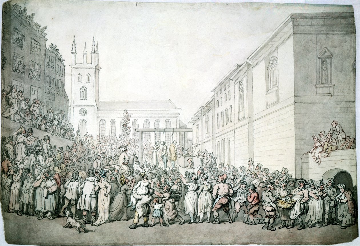 Veřejná poprava v Newgate, Londýn, konec 18. století od Thomas Rowlandson