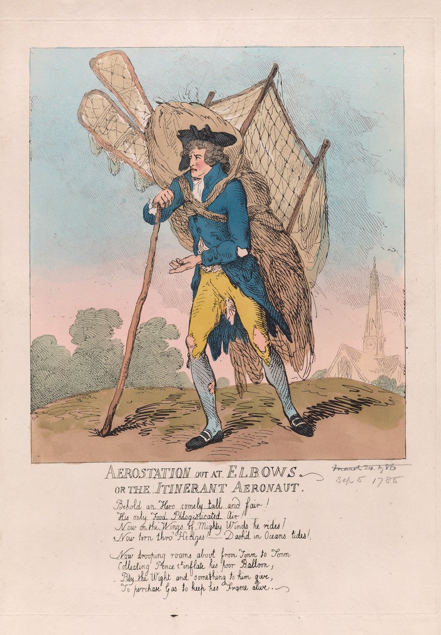 Aerostation out at Elbows or the Itinerant Aeronaut, pub. 1785 (ručně kolorovaná rytina) od Thomas Rowlandson