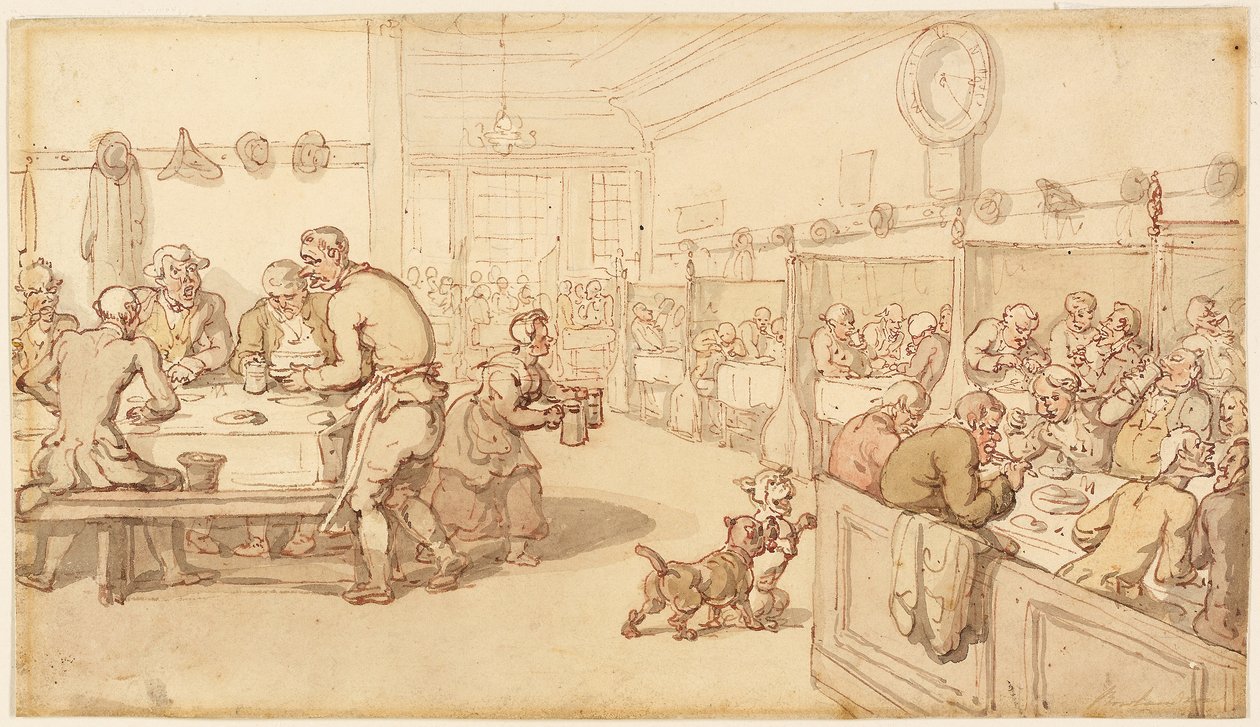 U staré anglické jídelny (pero a červená tuš se štětcem a akvarelem na grafitovém papíře, krémová vazba) od Thomas Rowlandson