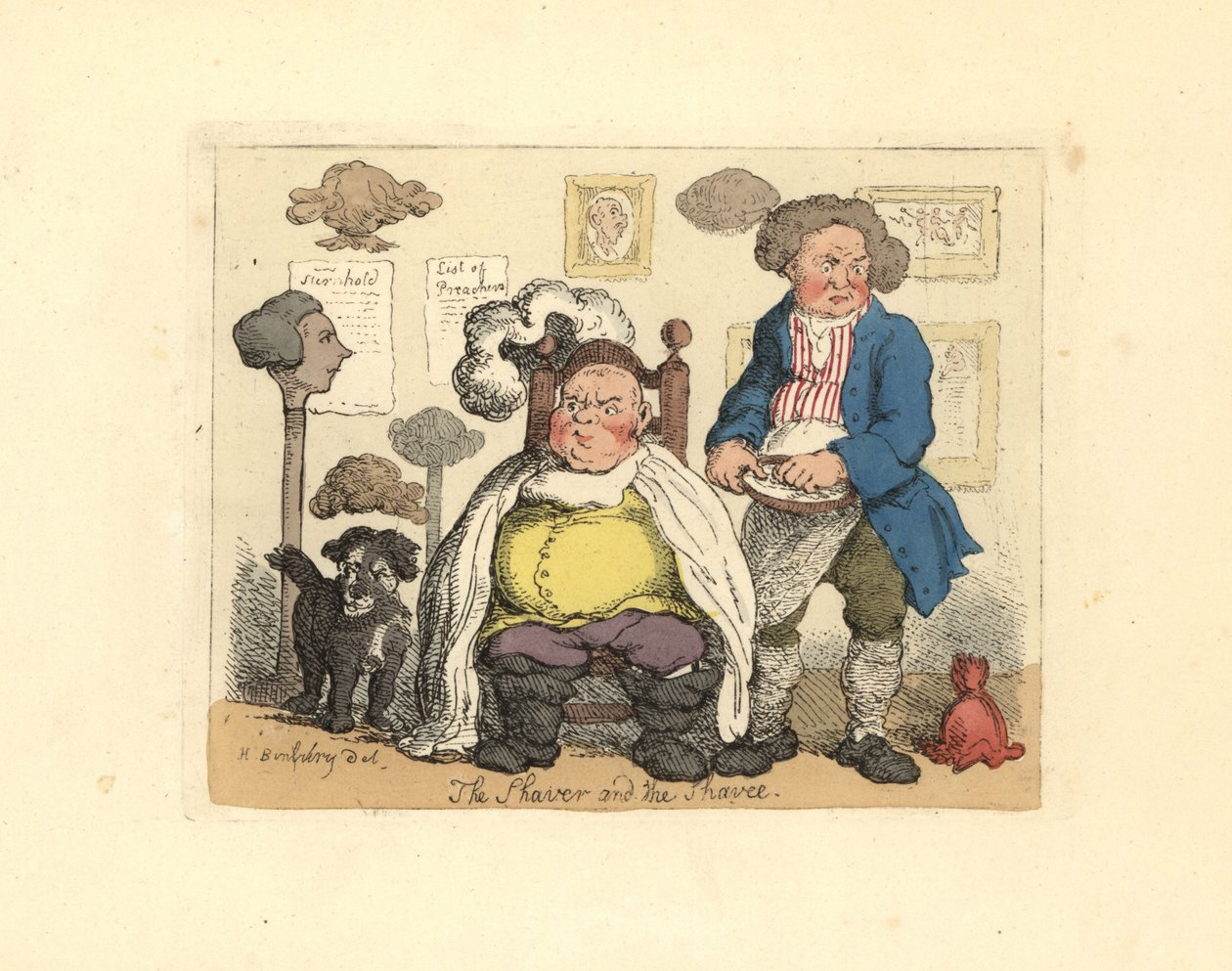 Holič a zákazník v holičství zdobené parukami. od Thomas Rowlandson