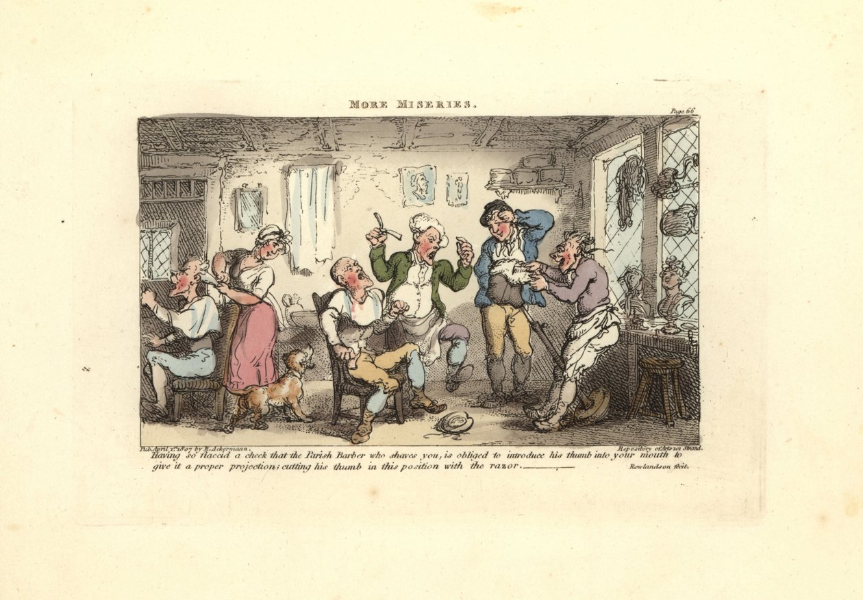 Barber řezání palec snaží oholit zákazníka. od Thomas Rowlandson