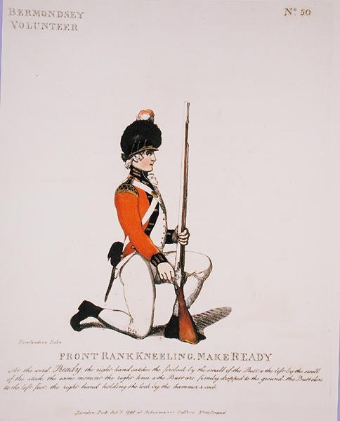 Bermondsey Volunteer, deska 50 z „Loyal Volunteers of London and Environs“, vydáno 1798 (barevně lito) od Thomas Rowlandson