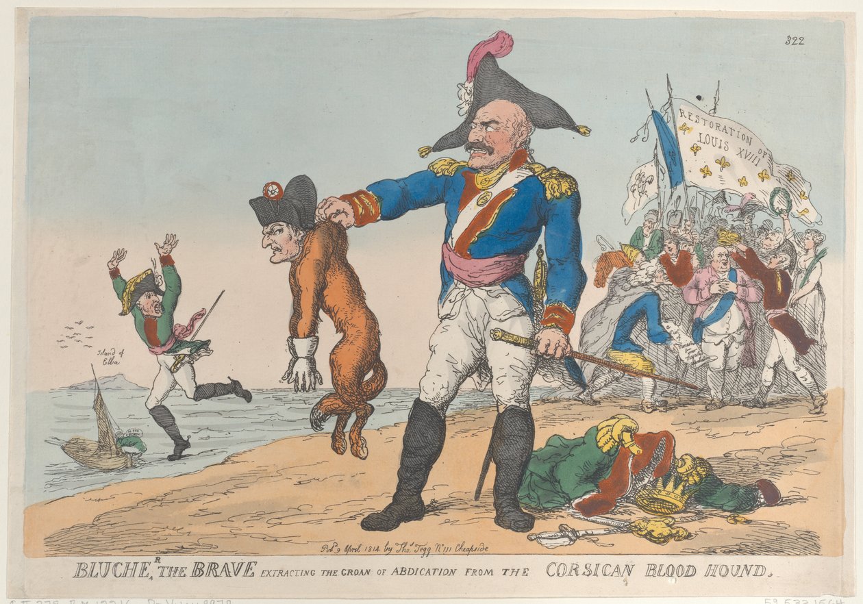 Blucher the Brave Extrahuje sténání abdikace od korsického Blood Houn..., 9. dubna 1814. od Thomas Rowlandson