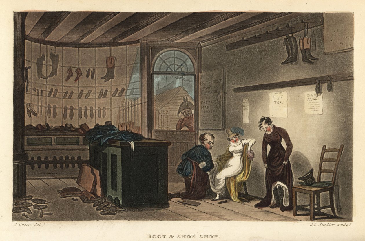 Obchod s botami a obuví: Zákaznice, které si zkoušejí boty a boty u ševců Leatherhead. Ručně kolorovaná mědirytina Thomas Rowlandson, akvatinta J.C. Stadler, podle skici J. Greena z Poetical Sketches of Scarborough, Ackermann, Londýn od Thomas Rowlandson