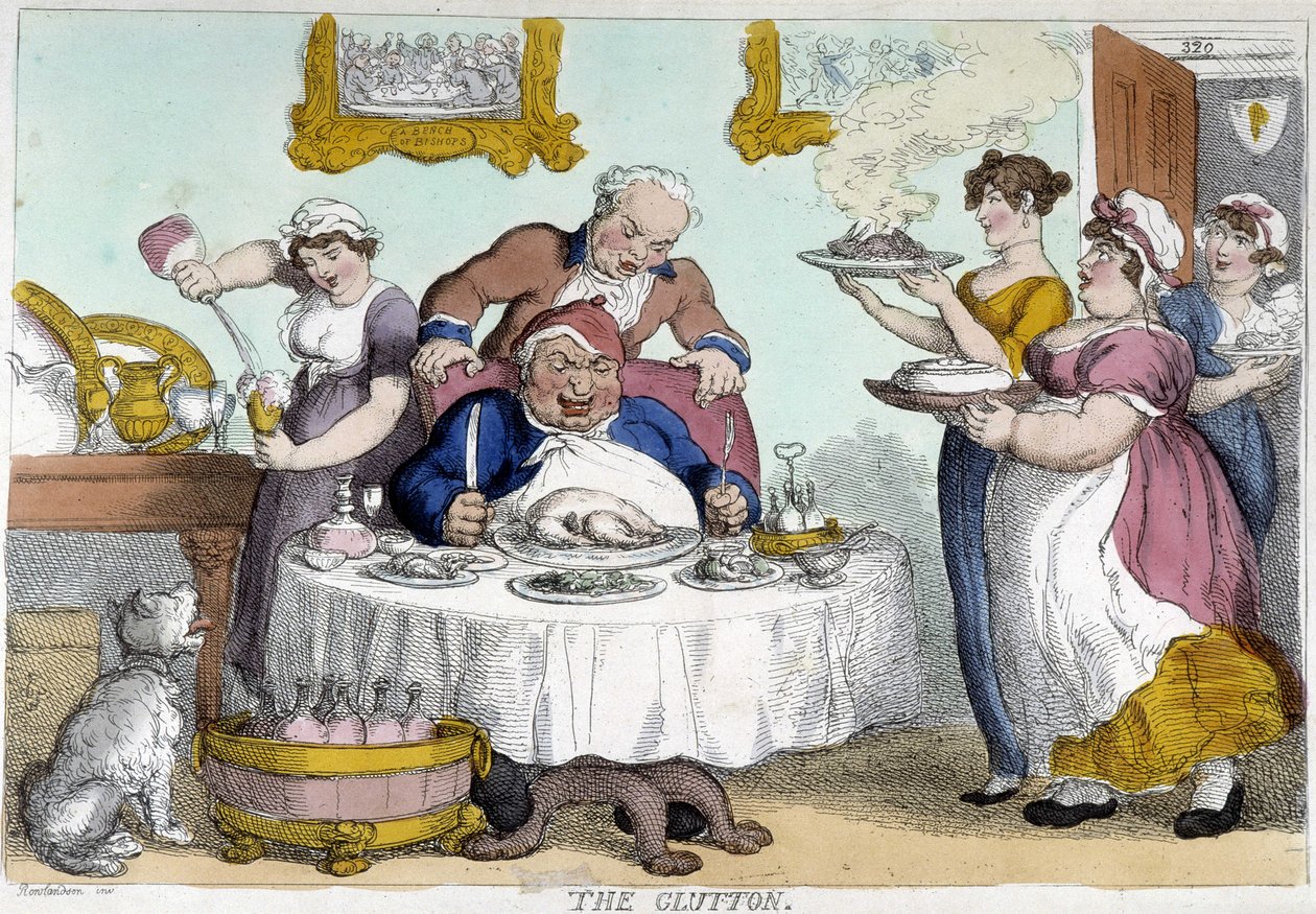 Buržoazní před bohatým jídlem podávaným mnoha služebnictvem - karikatura Rowlandson od Thomas Rowlandson