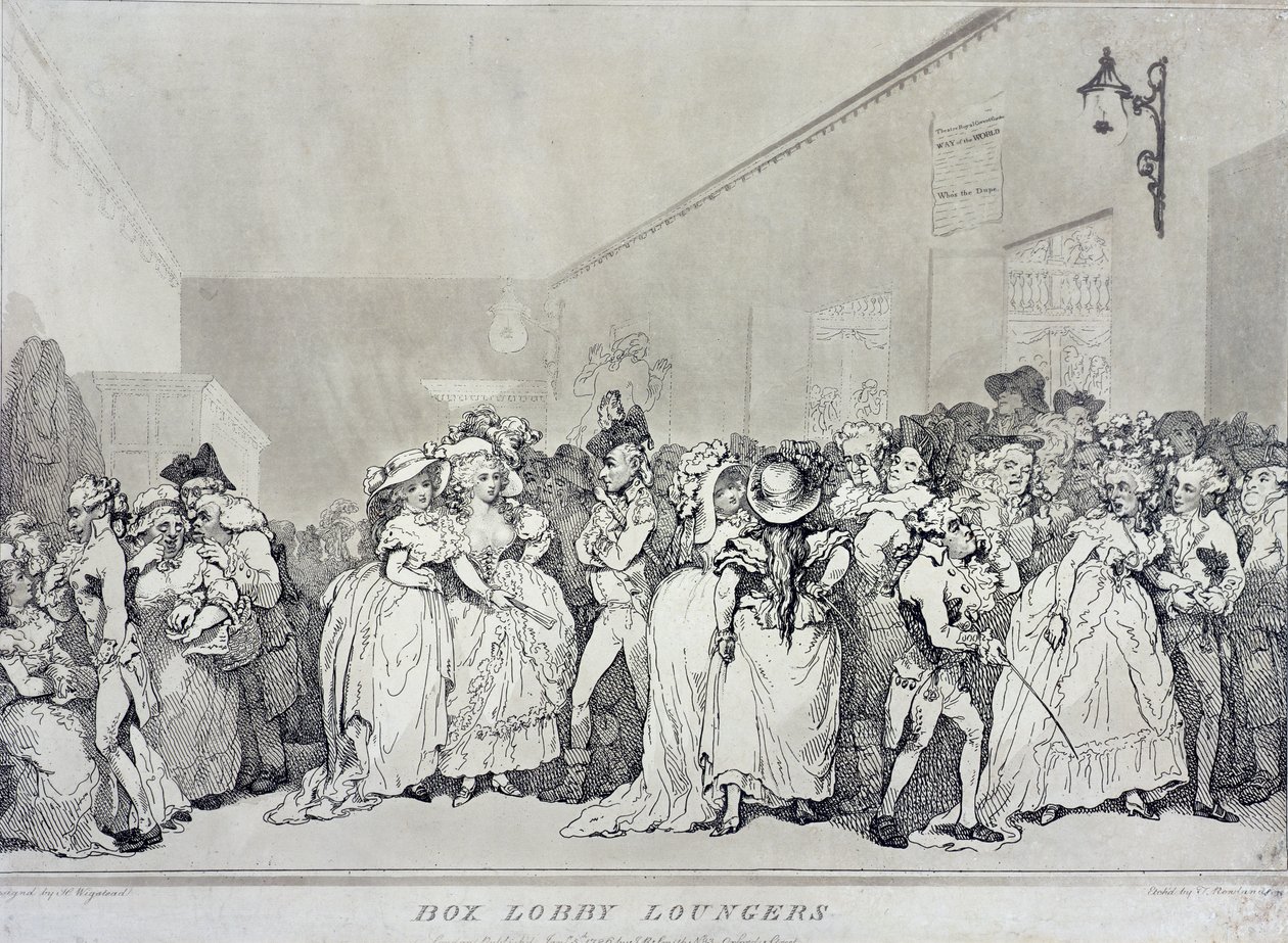 Box Lobby Loungers, leptané Rowlandsonem podle návrhu Henryho Wigsteada (c.1745-93), pub. John Raphael Smith, 1786 (sépie lept) od Thomas Rowlandson