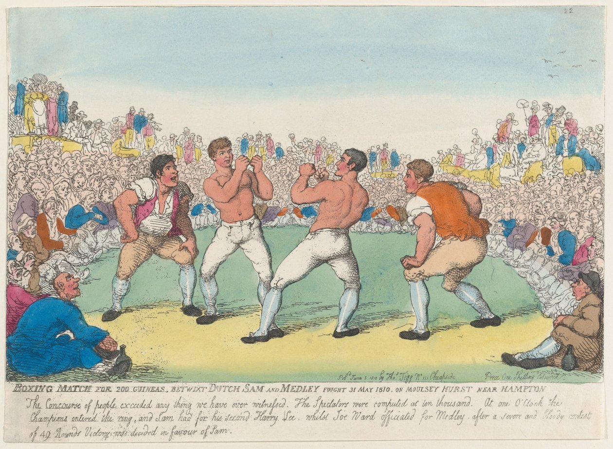 Boxerský zápas o 200 guinejí, Betwixt Dutch Sam a Medley, bojoval 31. května 1810, dne..., 5. června 1810. od Thomas Rowlandson