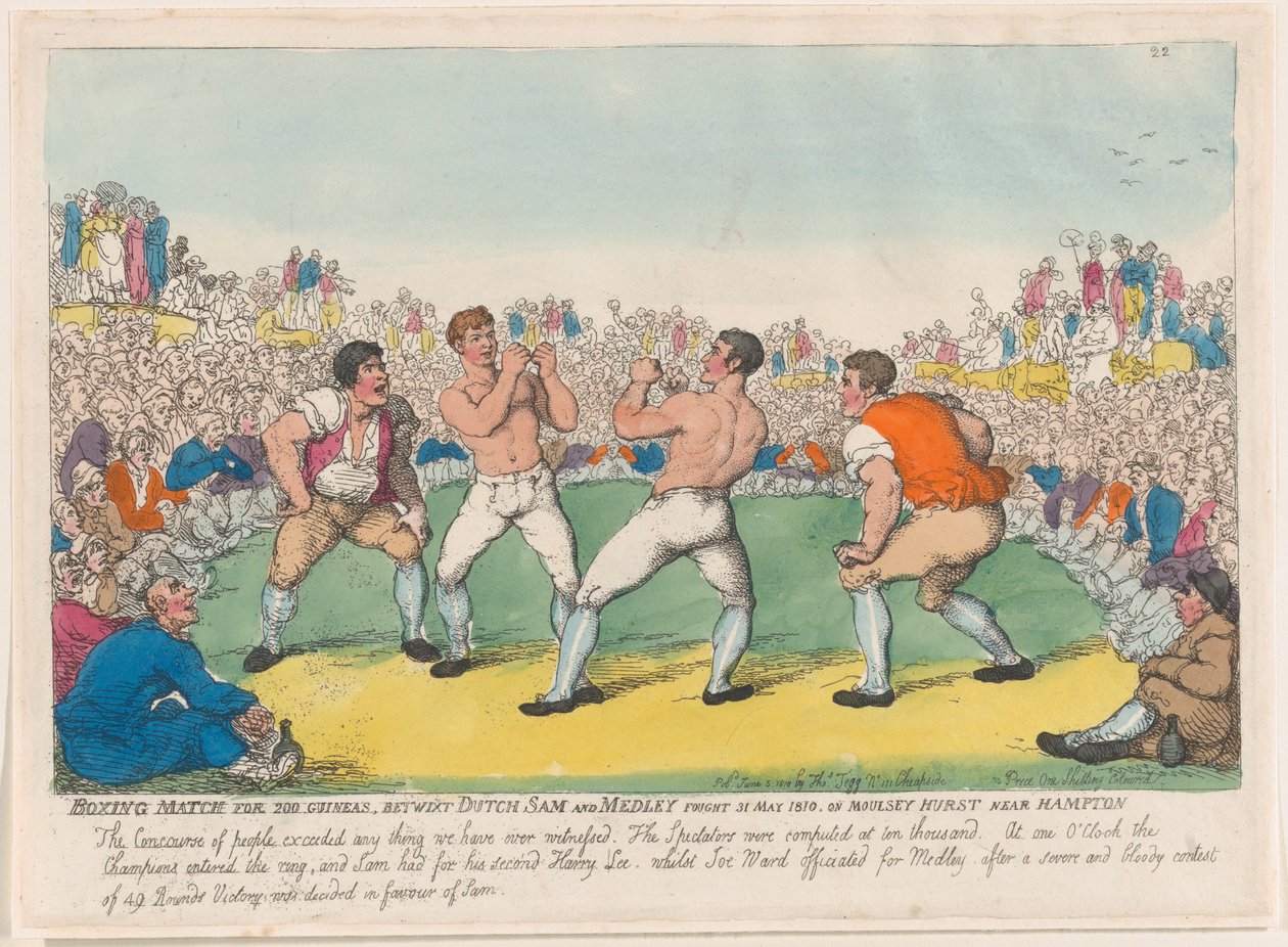 Boxerský zápas o 200 Guineí, Betwixt Dutch Sam a Medley se utkali 31. května 1810, dne ..., 5. června 1810. od Thomas Rowlandson