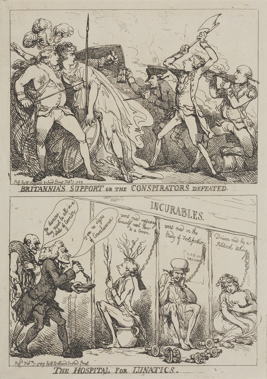 Podpora Britannie aneb Porážka spiklenců – Ústav pro duševně choré od Thomas Rowlandson