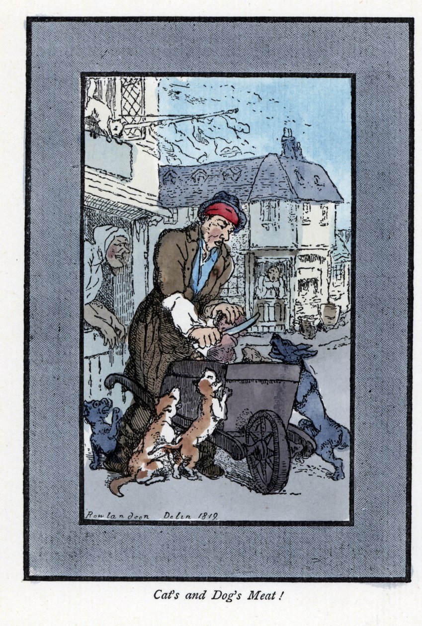 Potulný řezník, který krájel kus masa, řekl, že psi a kočky útočí na kolo jeho trakaře. Dřevoryt podle malby Thomase Rowlandsona (1756-1827), publikované v The Cris of London: se šesti okouzlujícími dětmi a téměř 40 ilustracemi od Thomas Rowlandson