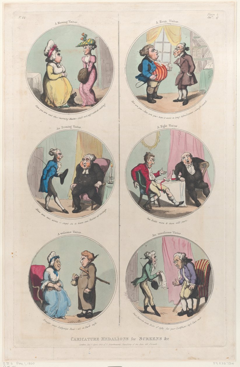 Karikaturní medailonky pro obrazovky atd.: Ranní návštěvník, Večerní návštěvník, My..., 1. dubna 1800. od Thomas Rowlandson