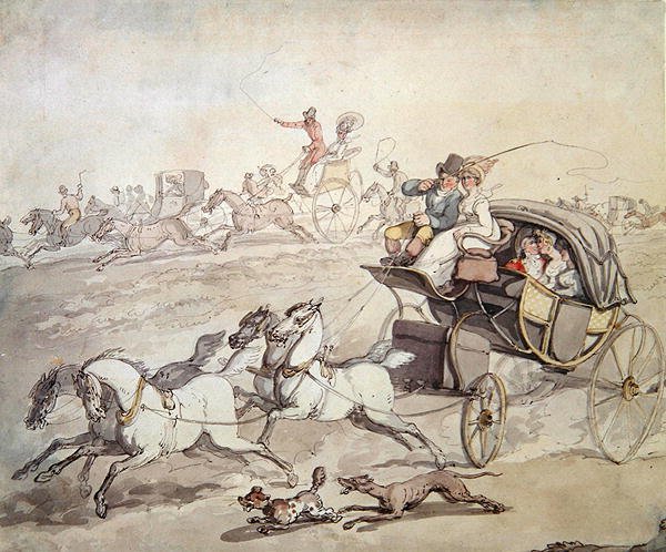 Vozíky a jezdce plnou rychlostí přes otevřené louky, cca 1800 (pero a inkoust s mytím na papíře) od Thomas Rowlandson