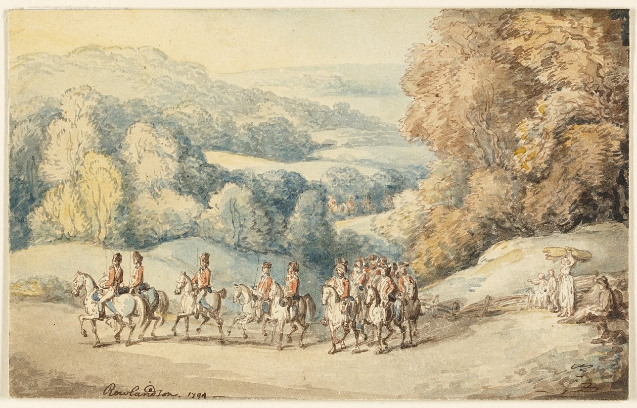 Jízda na pochodu (recto); fragment náčrtu koně (verso) od Thomas Rowlandson