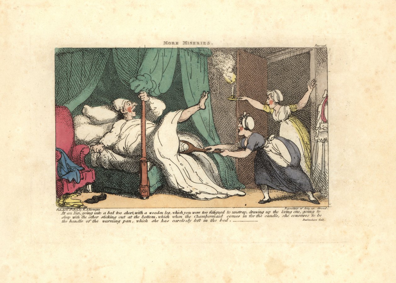 Komorná tahá spícího hosta za dřevěnou nohu. od Thomas Rowlandson