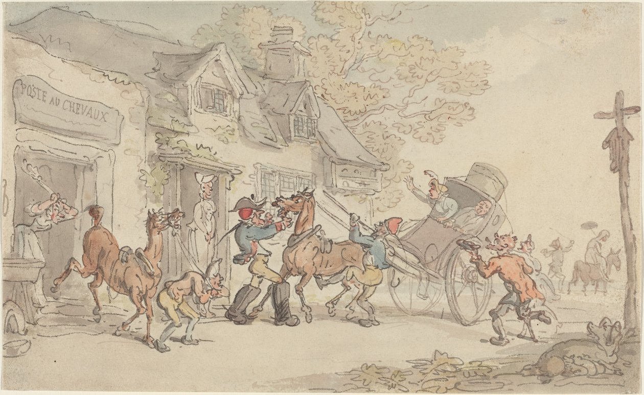 Výměna koní na poště ve Francii od Thomas Rowlandson