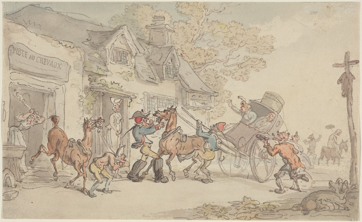 Výměna koní v zájezdním hostinci ve Francii od Thomas Rowlandson