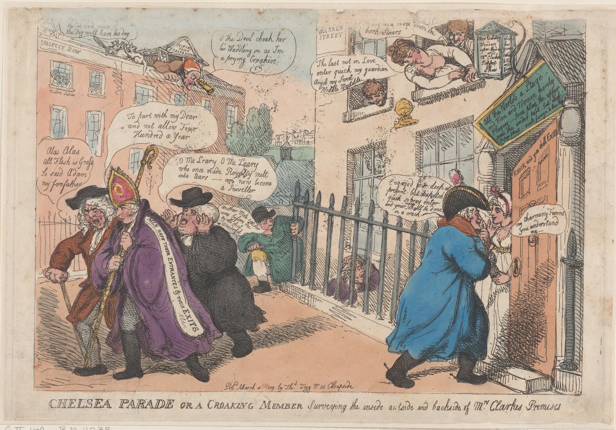 Chelsea Parade aneb kvákající člen zkoumající vnitřek venku a zadní stranu ..., 4. března 1809. od Thomas Rowlandson