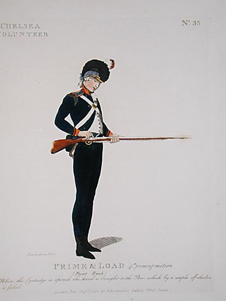 Chelsea Volunteer, deska 35 z „Loyal Volunteers of London and Environs“, vydáno 1798 (barevně lito) od Thomas Rowlandson