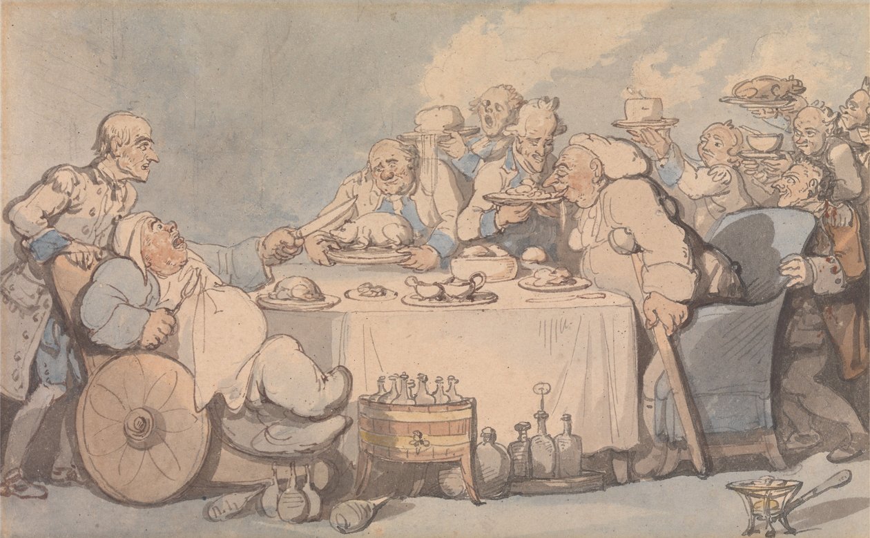 Pohodlí v Bathu: Gurmáni trpící dnou u večeře od Thomas Rowlandson