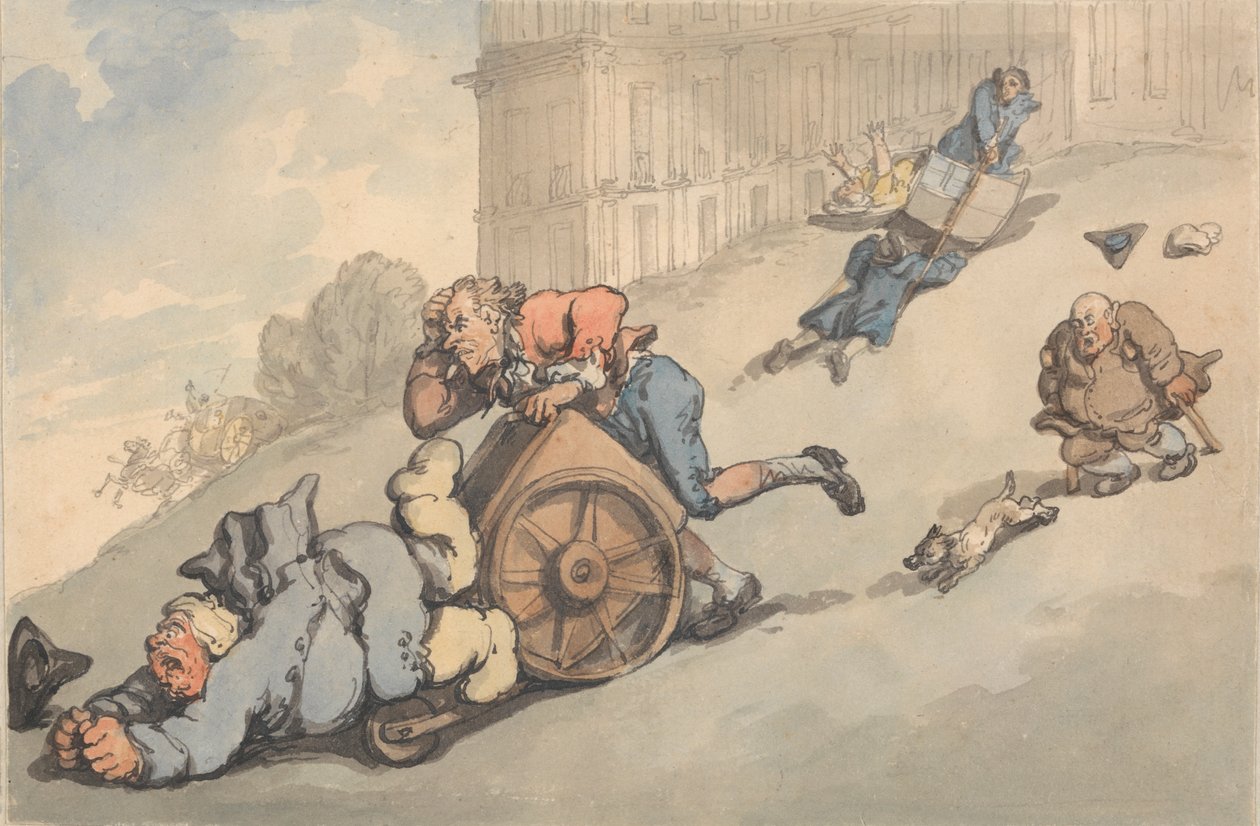 Pohodlí koupelny: Dloupové osoby padají na strmý kopec od Thomas Rowlandson