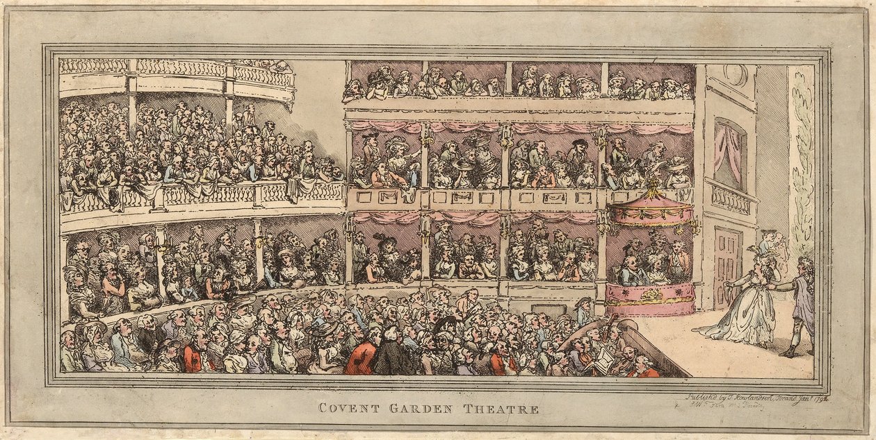 Divadlo Covent Garden, hospoda. Henry Brookes, 1786 (ručně kolorovaný lept) od Thomas Rowlandson
