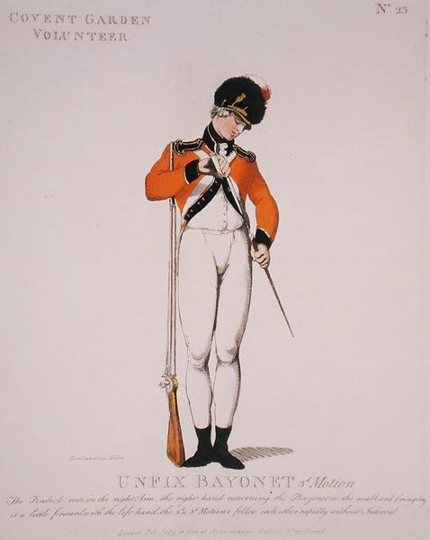 Covent Garden Volunteer, deska 23 z „Loyal Volunteers of London and Environs“, vydáno 1798 (barevně lito) od Thomas Rowlandson