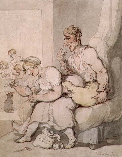 Darning The Sock (pero a inkoust, akvarel) od Thomas Rowlandson