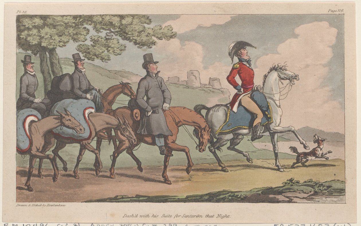 Dash šel se svým apartmá pro Santarem té noci, z Vojenských dobrodružství Johnnyho New..., 1815. od Thomas Rowlandson