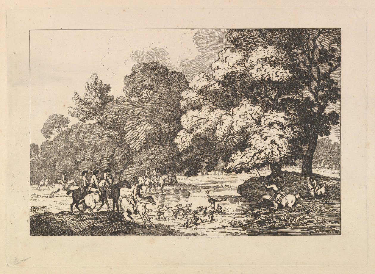 Lov na jelena – krajinomalba s jelenem a loveckými psy u řeky od Thomas Rowlandson