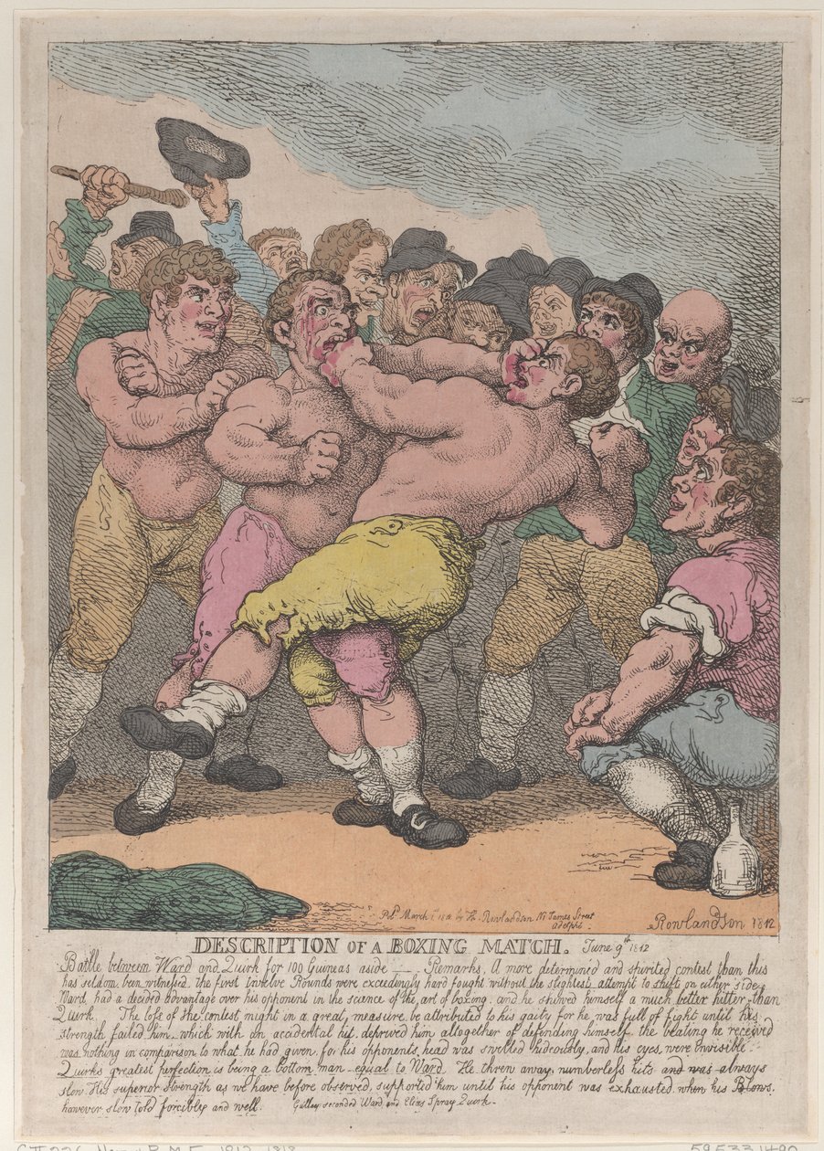 Popis boxerského zápasu mezi Wardem a Quirkem o 100 Guineí za stranu, Marc..., 1. března 1812. od Thomas Rowlandson
